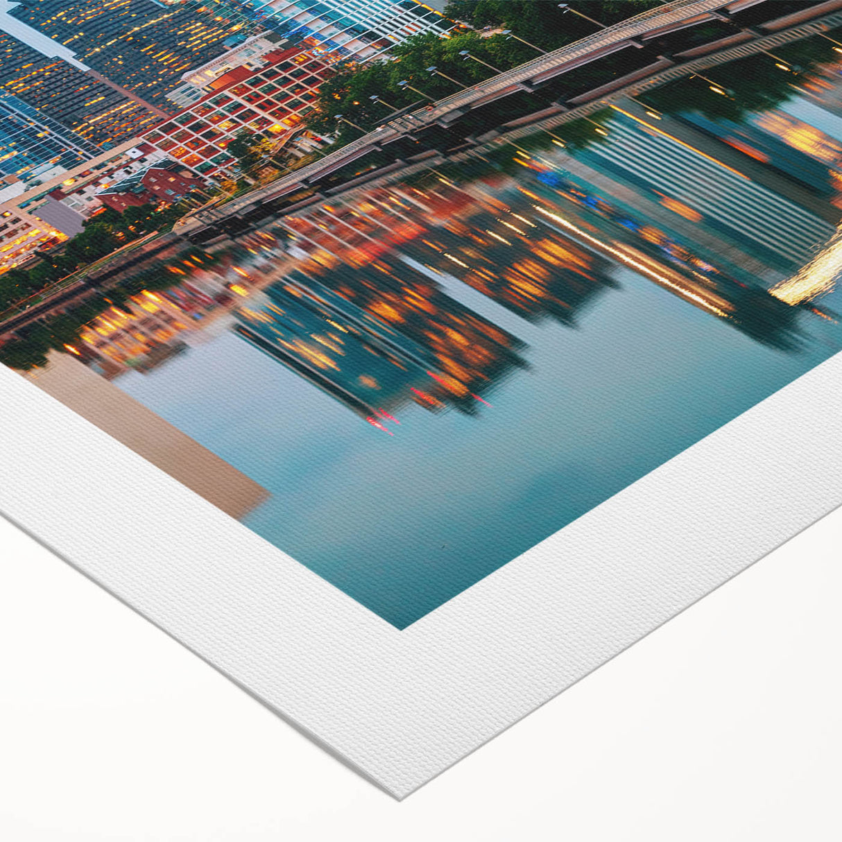Art deco poster of Philadelphia skyline in muted gold and navy tones on rolled canvas, suitable for dining room decor.