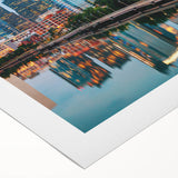 Art deco poster of Philadelphia skyline in muted gold and navy tones on rolled canvas, suitable for dining room decor.