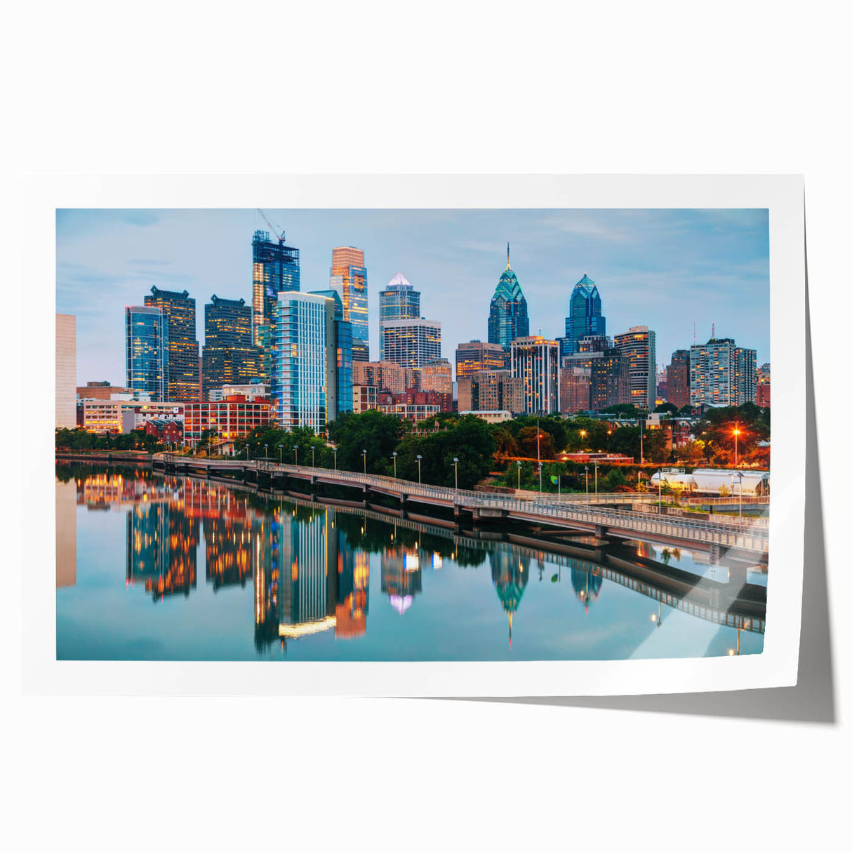 Extra large rolled print of Philadelphia scenery with floral elements in muted colors, ideal for art wall dining room.
