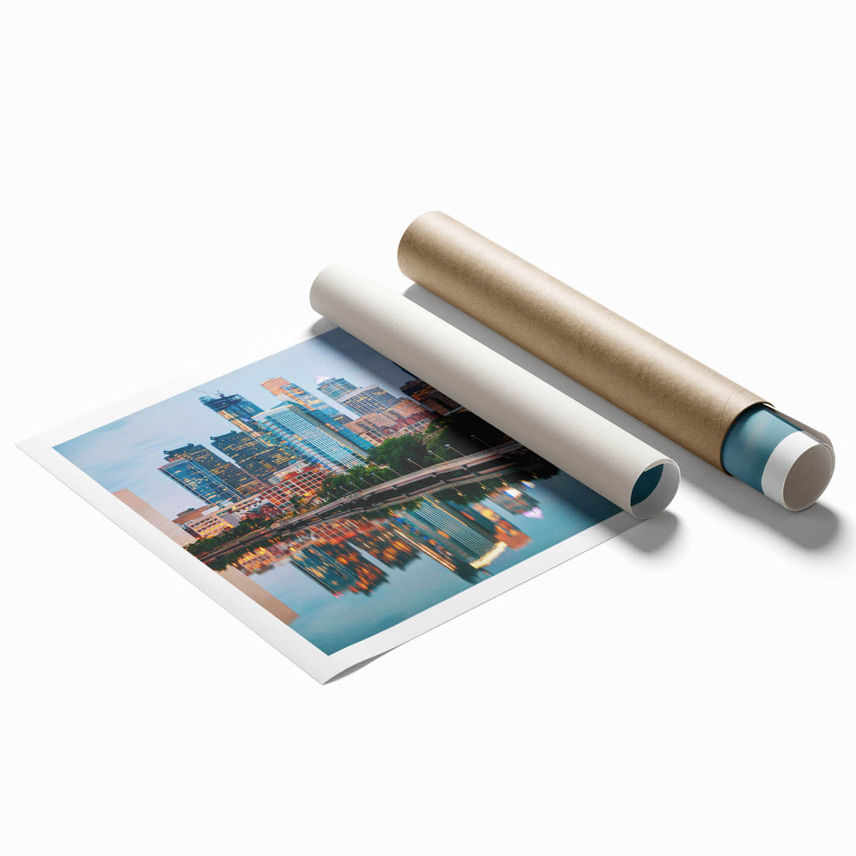Extra large rolled print of a Philadelphia skyline with muted blue and gray tones, suitable for classy bathroom wall art.