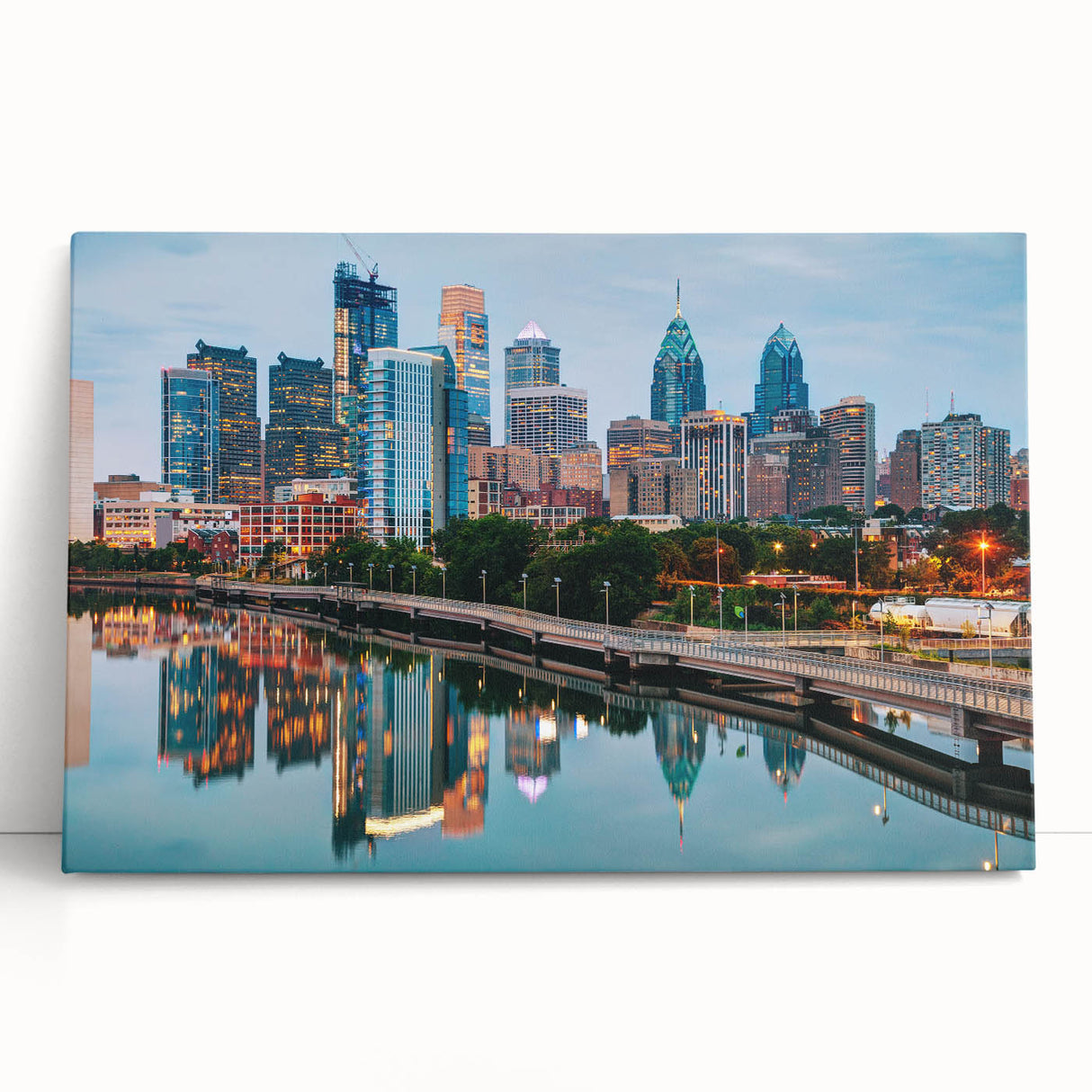 Black and white stretched canvas of Philadelphia skyline, ideal for kitchen wall art.