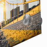 Large abstract wall art of Pittsburgh skyline in muted blue and gray tones on acrylic glass, ideal for dining room art.