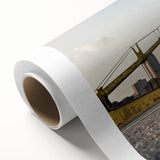 Art deco style poster of Pittsburgh skyline in pastel colors on rolled canvas, ideal for nursery wall art.