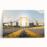 Black and white photo of Pittsburgh skyline on stretched canvas, suitable as kitchen wall art.