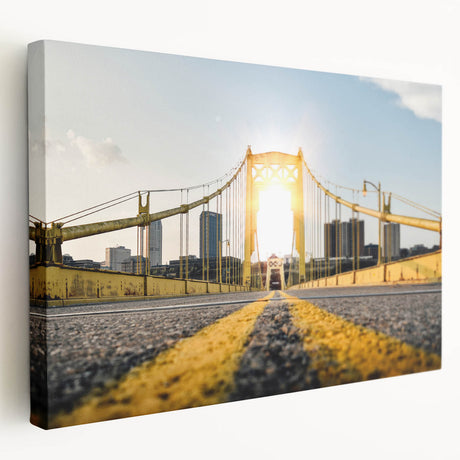 Panoramic view of Pittsburgh skyline in muted gray and blue tones on large stretched canvas, suitable for kitchen wall art.