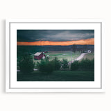 Abstract art print of Pennsylvania scenery in muted earth tones on a framed white mat.