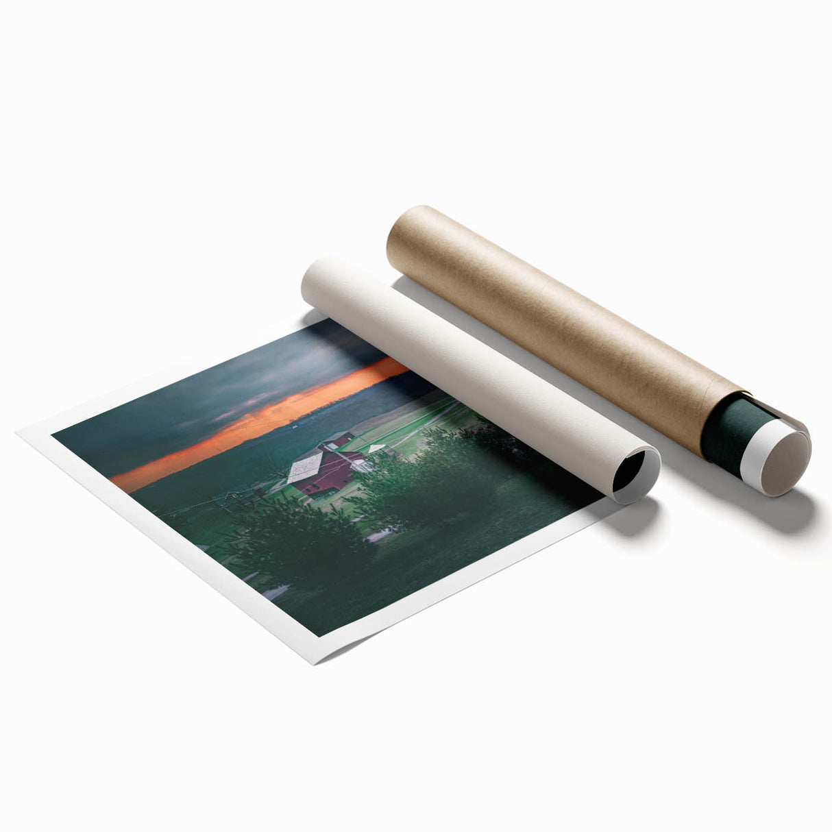 Rolled print of a Pennsylvania landscape with muted green and brown tones, ideal for classy bathroom wall art.
