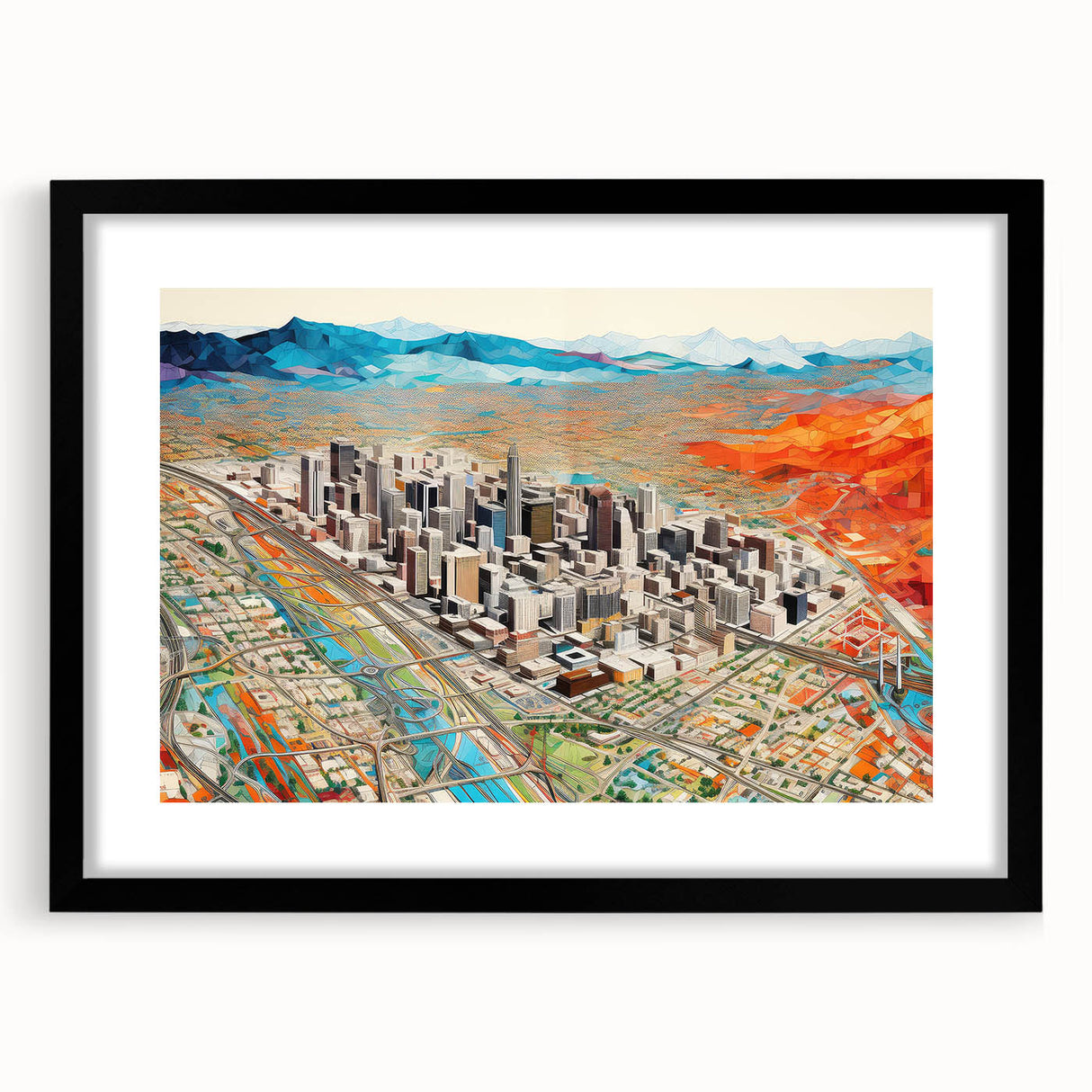 Abstract art print of Phoenix Valley in colorful, textured style on a large framed canvas, ideal for living room decor.