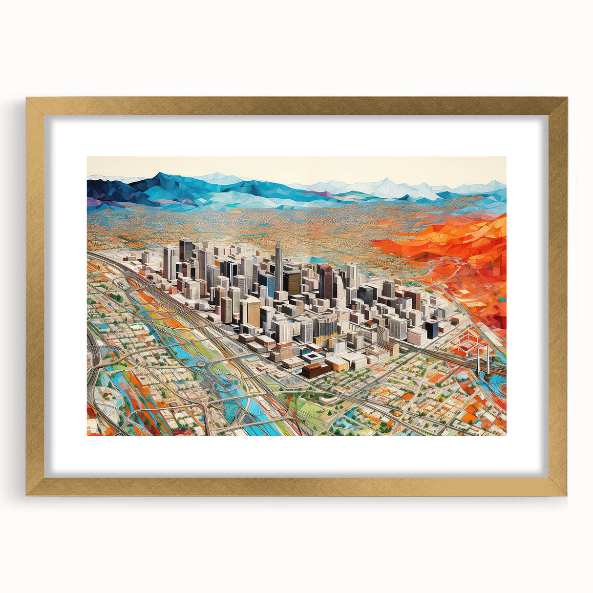 Extra large abstract art print of Phoenix valley in textured gold frame, ideal for living room decor.