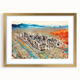 Extra large abstract art print of Phoenix valley in textured gold frame, ideal for living room decor.