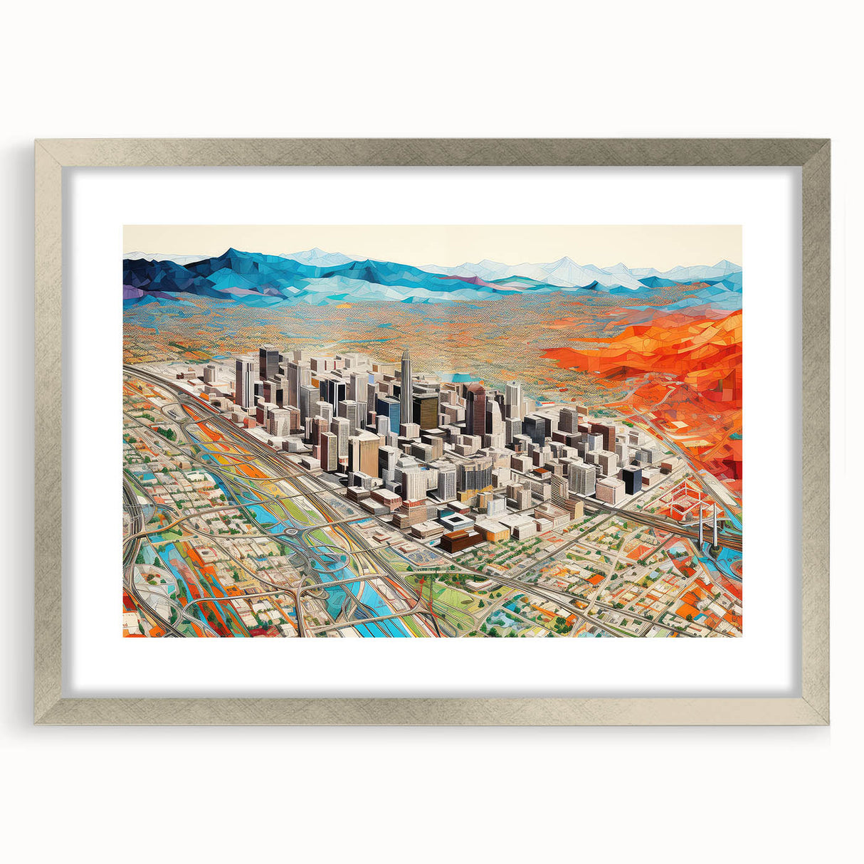 Textured art print of abstract Phoenix valley in earth tones on a framed silver mat, ideal for bedroom decor.