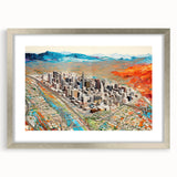 Textured art print of abstract Phoenix valley in earth tones on a framed silver mat, ideal for bedroom decor.