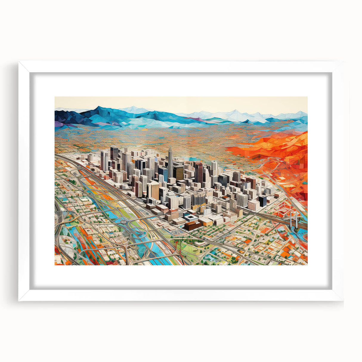 Abstract art print of Phoenix valley in muted orange and blue tones, framed with a white mat, ideal for dining room decor.