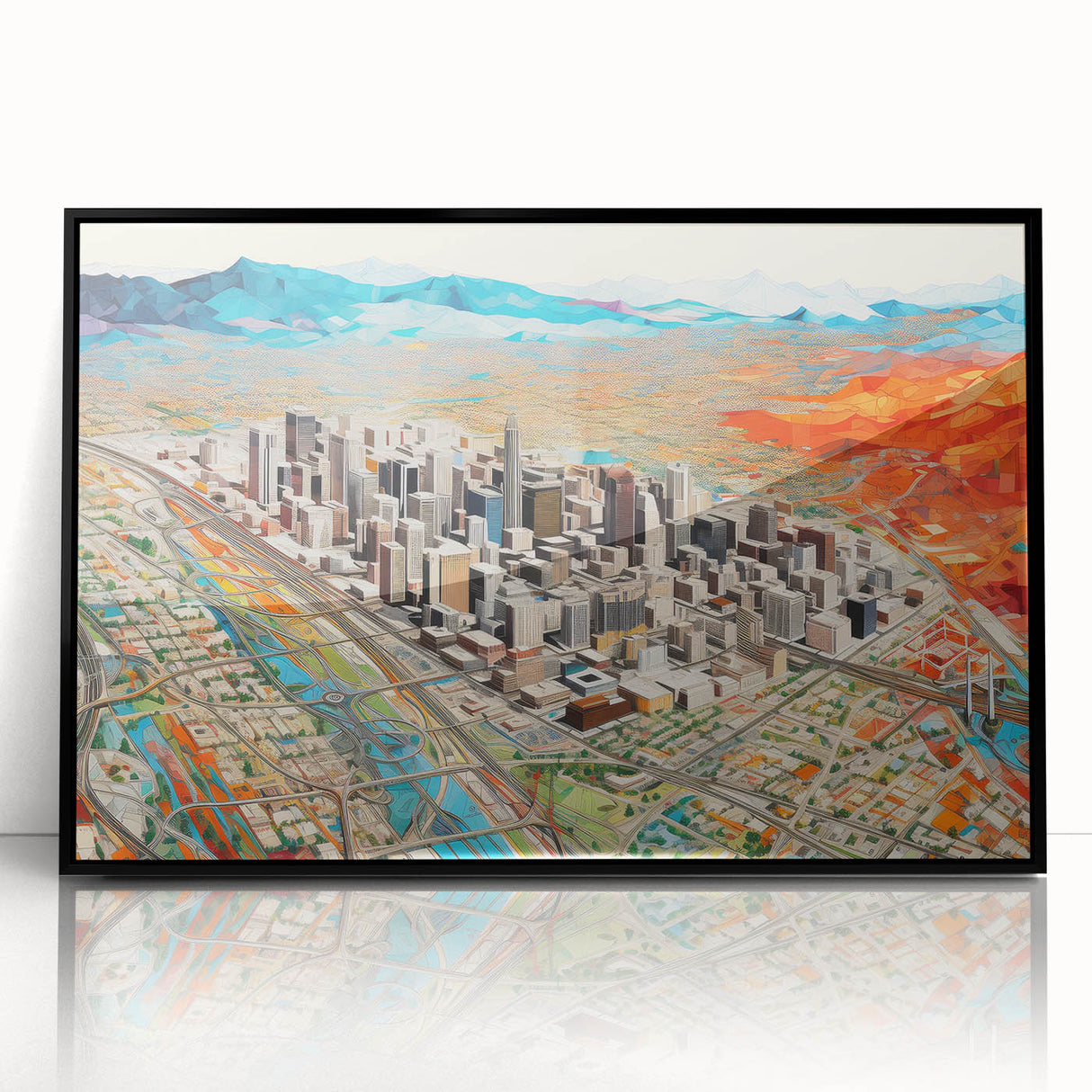 Large abstract wall art depicting the Phoenix Valley in muted earth tones on a framed acrylic.