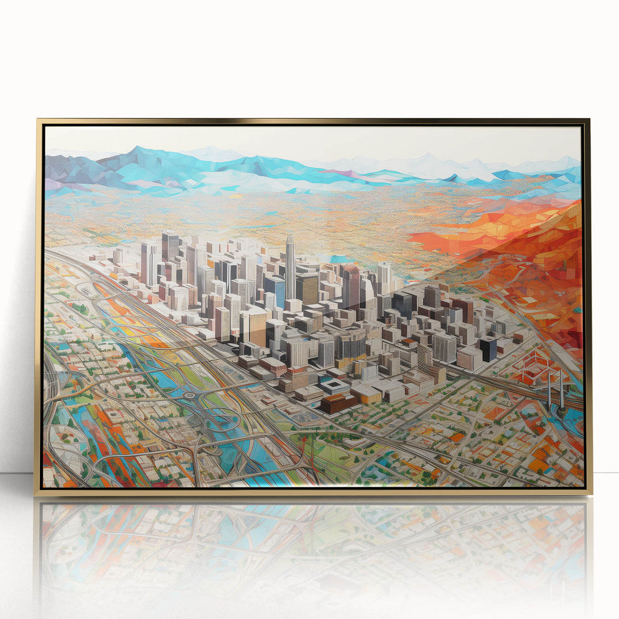 Large art print of Phoenix valley in muted earth tones, framed in gold acrylic, suitable for modern art wall decor.