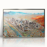 Mid-century modernist art depicting Phoenix Valley in muted earth tones on a framed acrylic print.