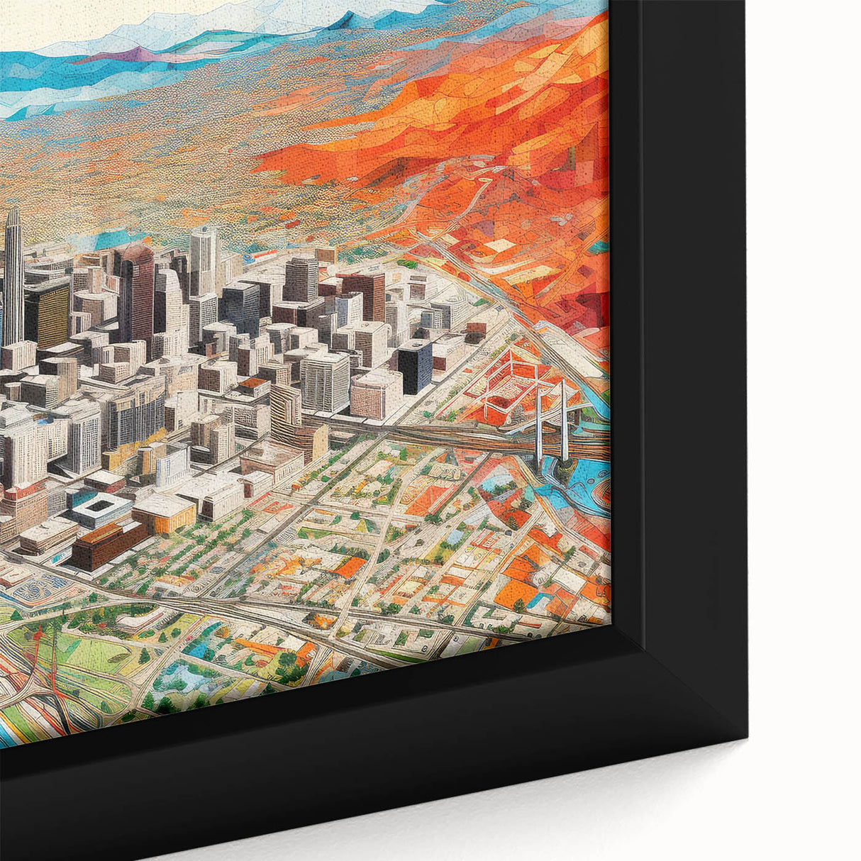 Close-up of a textured, extra large framed canvas depicting the Phoenix valley in black with colorful accents.