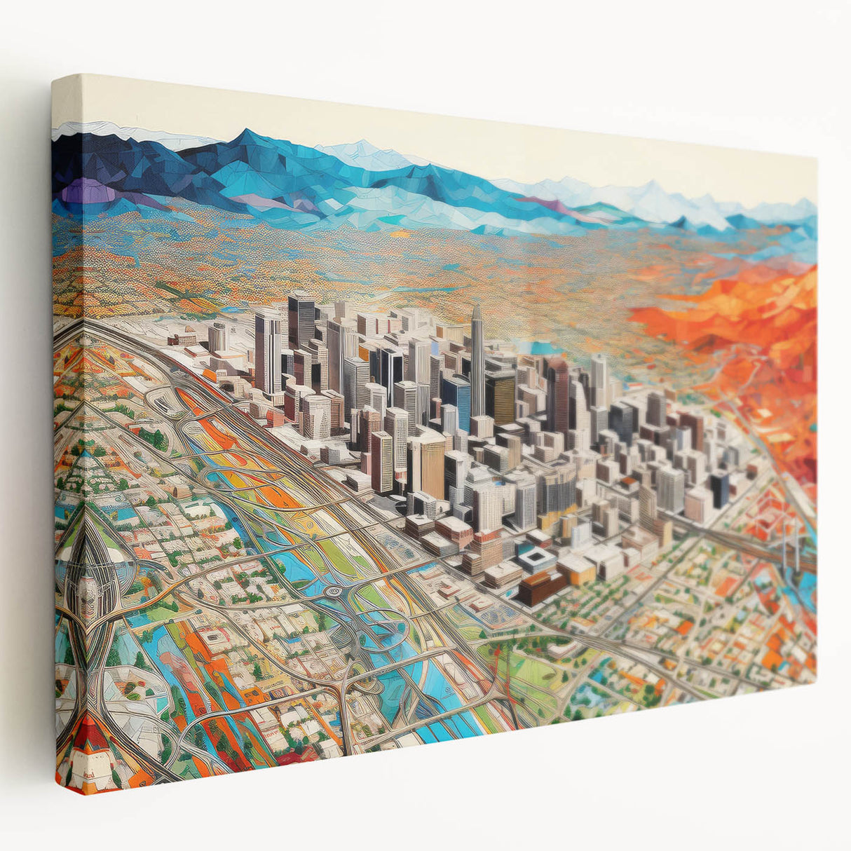 Large art print of the Phoenix Valley on stretched canvas showcasing a detailed cityscape in earthy tones.