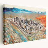 Large art print of the Phoenix Valley on stretched canvas showcasing a detailed cityscape in earthy tones.