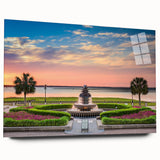 Large abstract wall art of Charleston scenery in muted greens and blues on acrylic glass.