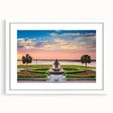 Abstract art print of Charleston, South Carolina, featuring muted blue and gray tones on a framed white mat.