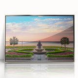 Mid-century modernist art depicting Charleston scenery in muted earth tones on a framed acrylic print.