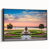 Black and white framed canvas of Charleston landscape, featuring vintage poster art style, suitable for bedroom decor.