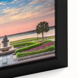 Textured black wall art depicting Charleston, South Carolina, in vibrant colors on a framed canvas.