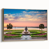 Framed canvas of Charleston landscape with vintage poster style in black and gold tones, ideal for bedroom wall art.