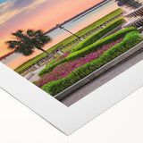 Art deco poster of Charleston, South Carolina, with pastel hues on rolled canvas, suitable for dining room wall art.