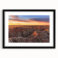 Abstract art print of South Dakota Badlands in vibrant colors on a large framed canvas, suitable for living room decor.