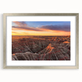 Textured art print of South Dakota Badlands in abstract style, silver-framed with mat, in muted earth tones.