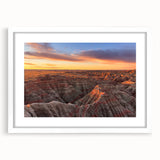 Abstract art print of South Dakota Badlands in muted earth tones on a framed white mat.