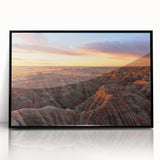 Large abstract wall art depicting the South Dakota Badlands in muted earth tones on a framed acrylic.