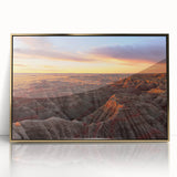 Framed acrylic print of South Dakota Badlands in muted earth tones, ideal for modern art wall decor.