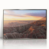 Mid-century modernist art of South Dakota Badlands in muted earth tones on a silver-framed acrylic.