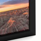 Framed canvas of textured, colorful art depicting South Dakota Badlands, ideal for living room wall.