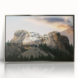 Mid-century modernist art of Mt. Rushmore in muted earth tones on a framed acrylic, ideal for modern art wall decor.