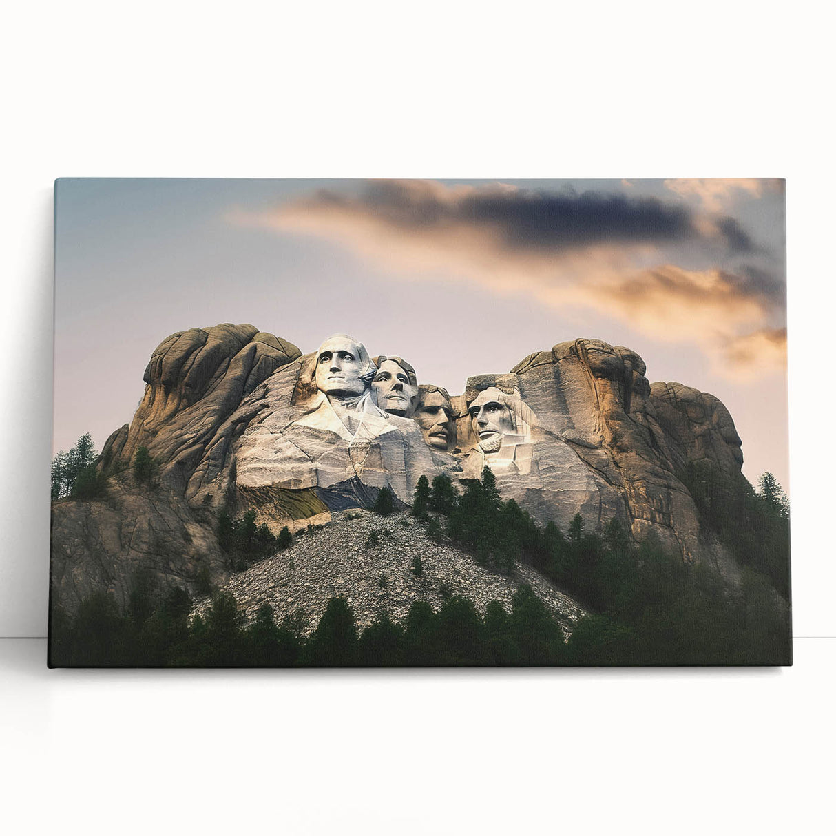 Black and white stretched canvas of Mt. Rushmore, ideal for kitchen wall art or bedroom decor.