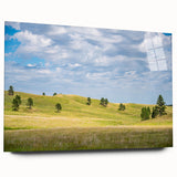 Large abstract wall art of South Dakota scenery in muted earth tones on acrylic glass.