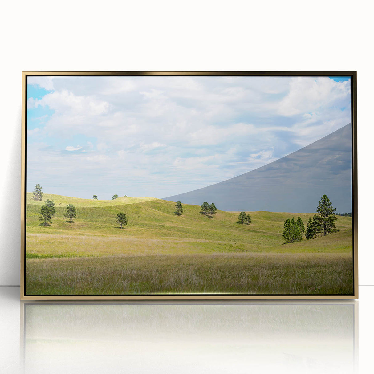 Large art print of a South Dakota landscape in mid-century modernist style, framed in acrylic with gold tones.