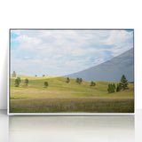 Art deco style poster of South Dakota scenery in muted earth tones on white framed acrylic.