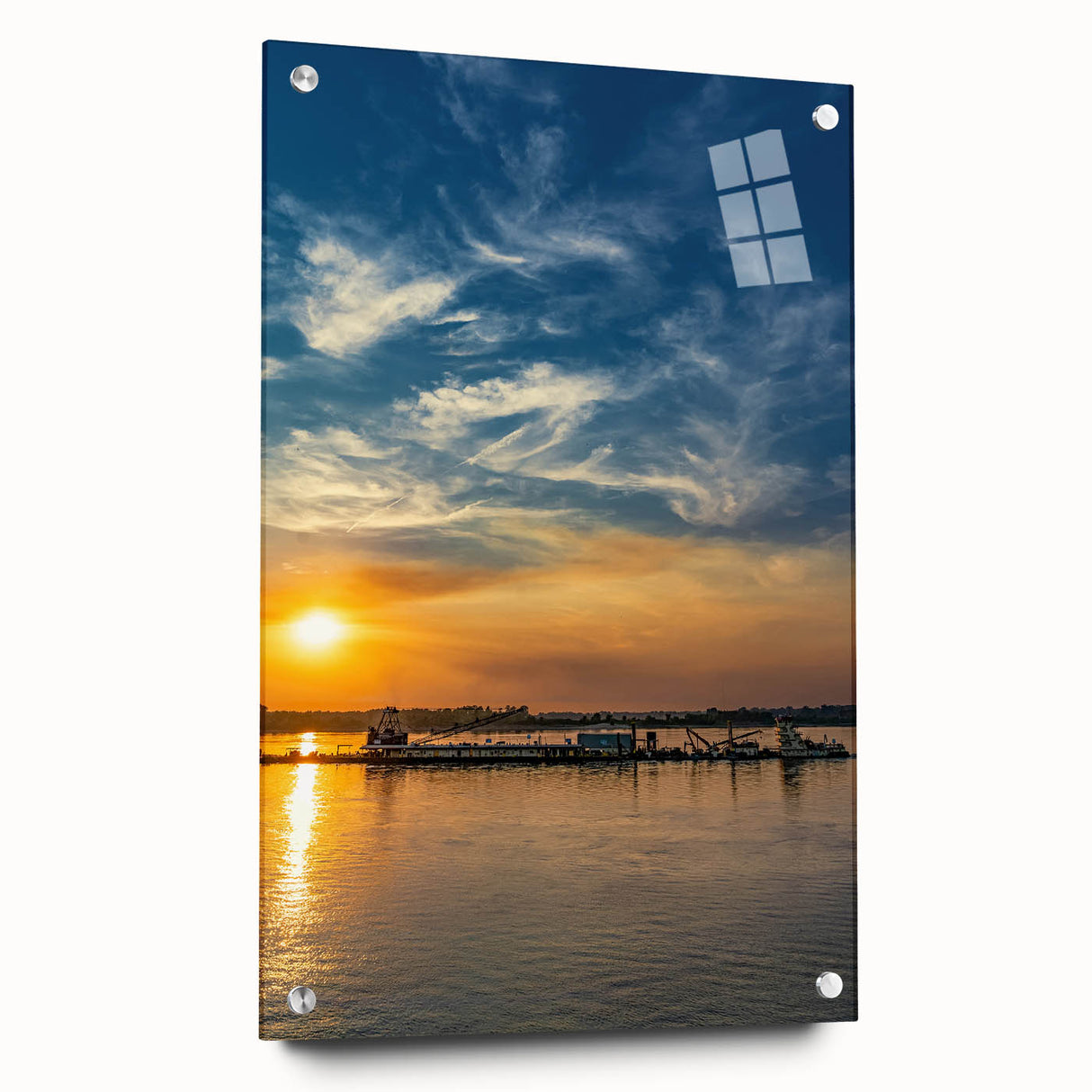Large abstract depiction of the Memphis skyline in muted blue tones on acrylic glass.