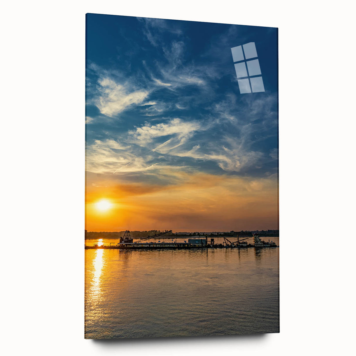 Acrylic print of a large abstract depiction of the Memphis skyline in muted blue and gray tones.