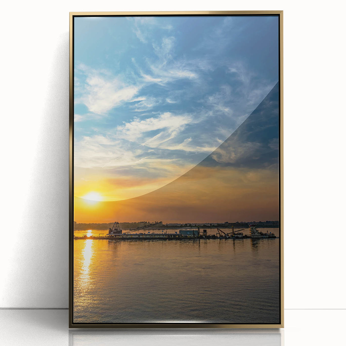 Framed acrylic print of Memphis skyline in gold and blue tones, suitable for modern art wall decor.
