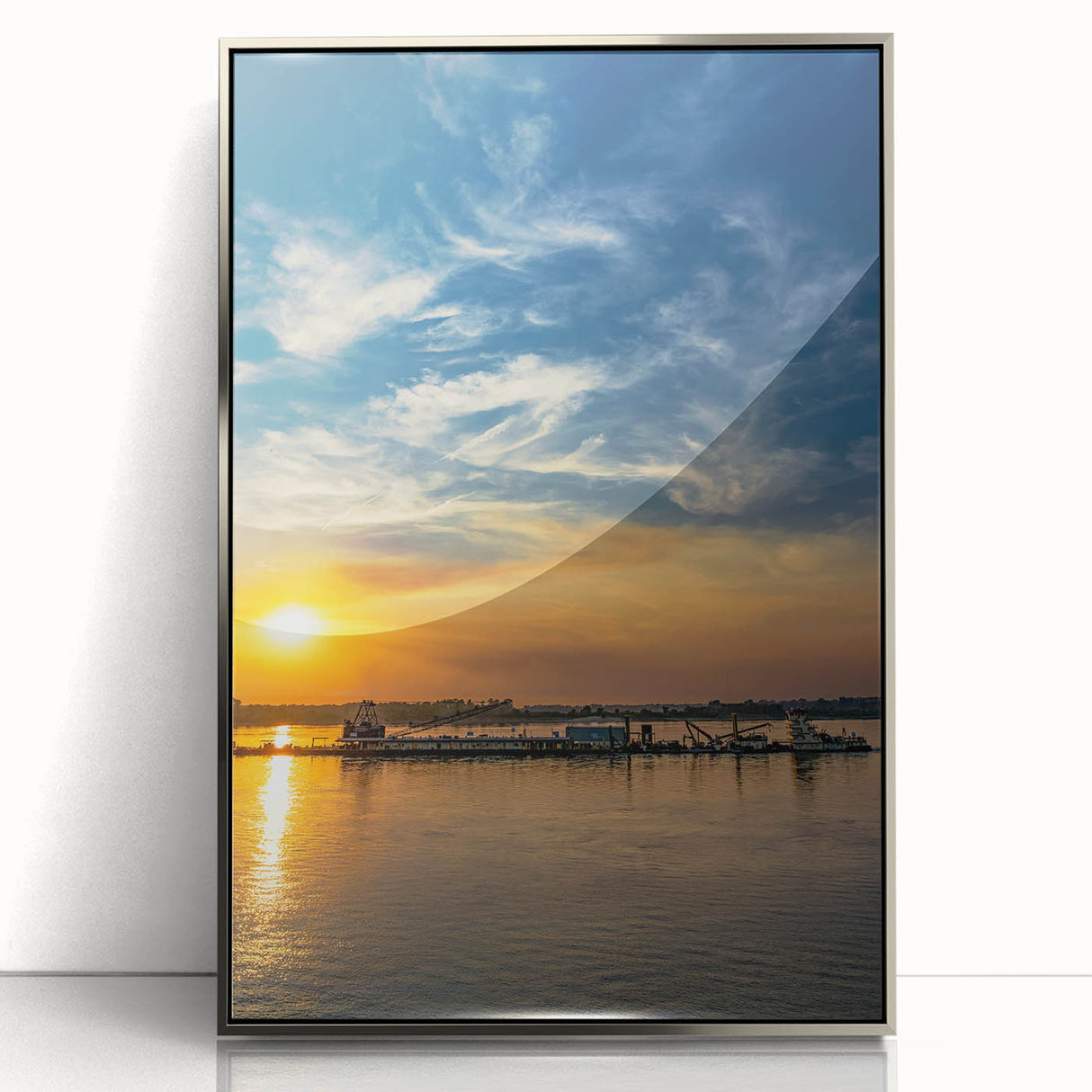 Mid-century modernist art of Memphis skyline in muted blue and silver tones on framed acrylic, suitable for nursery wall art.