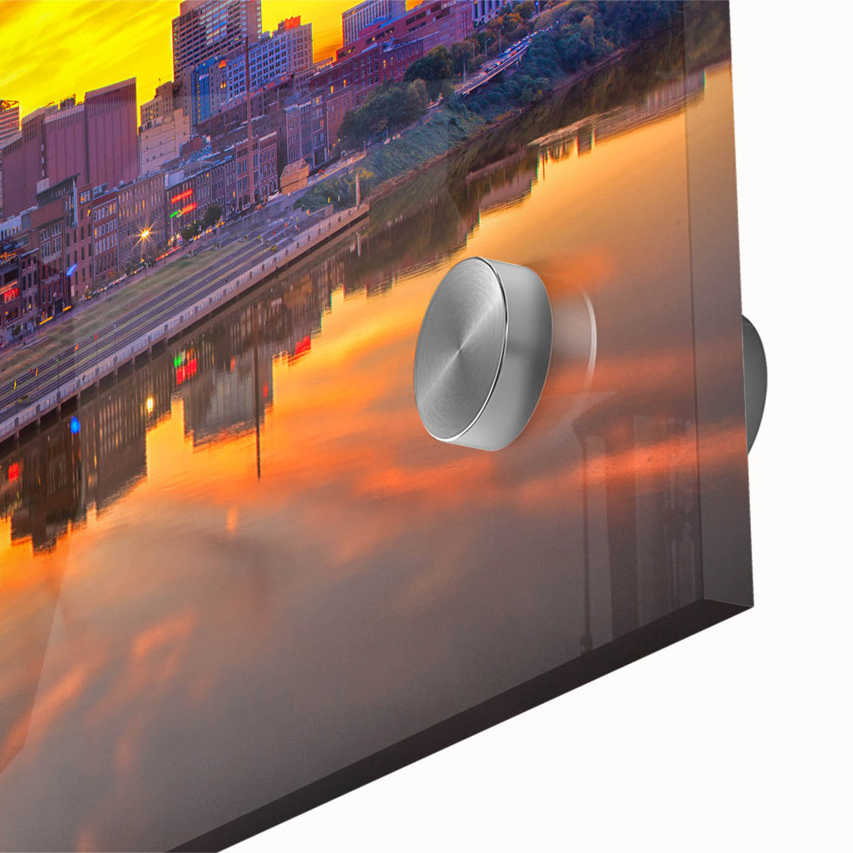 Large abstract depiction of Nashville skyline in muted earth tones on acrylic glass, ideal for dining room art.