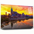 Acrylic glass print of Nashville skyline in muted blue tones, suitable for dining room decor.
