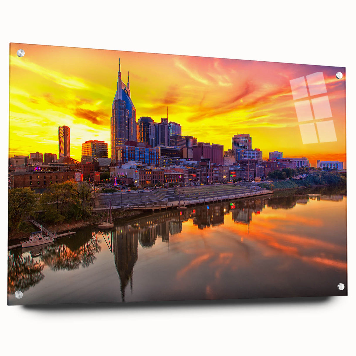 Acrylic glass print of Nashville skyline in muted blue tones, suitable for dining room decor.