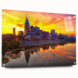 Acrylic glass print of Nashville skyline in muted blue tones, suitable for dining room decor.